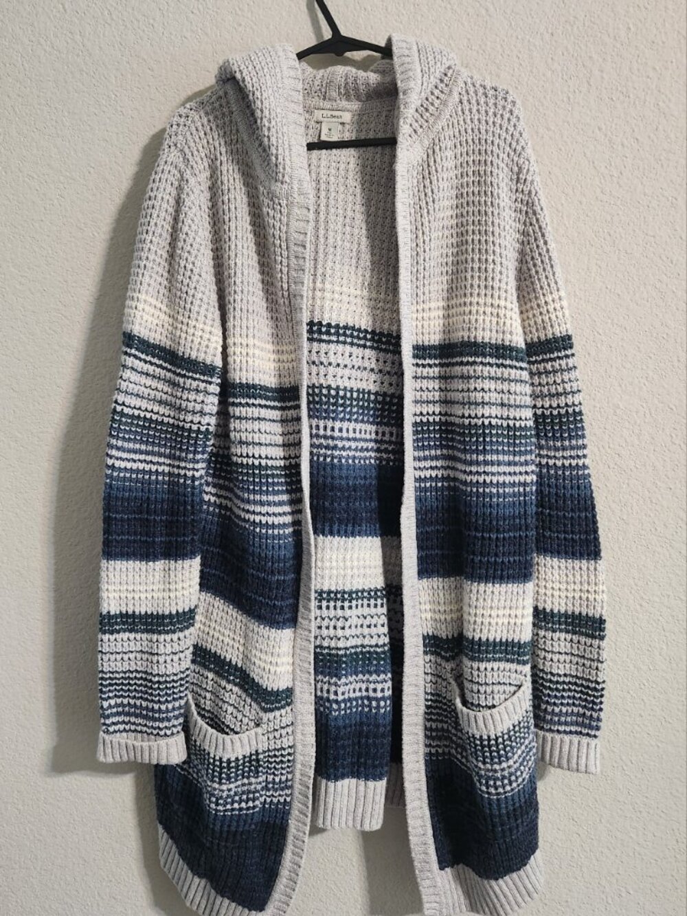 L.L. Bean Women’s Waffle Stitch Open Front Hooded Cardigan Sweater medium